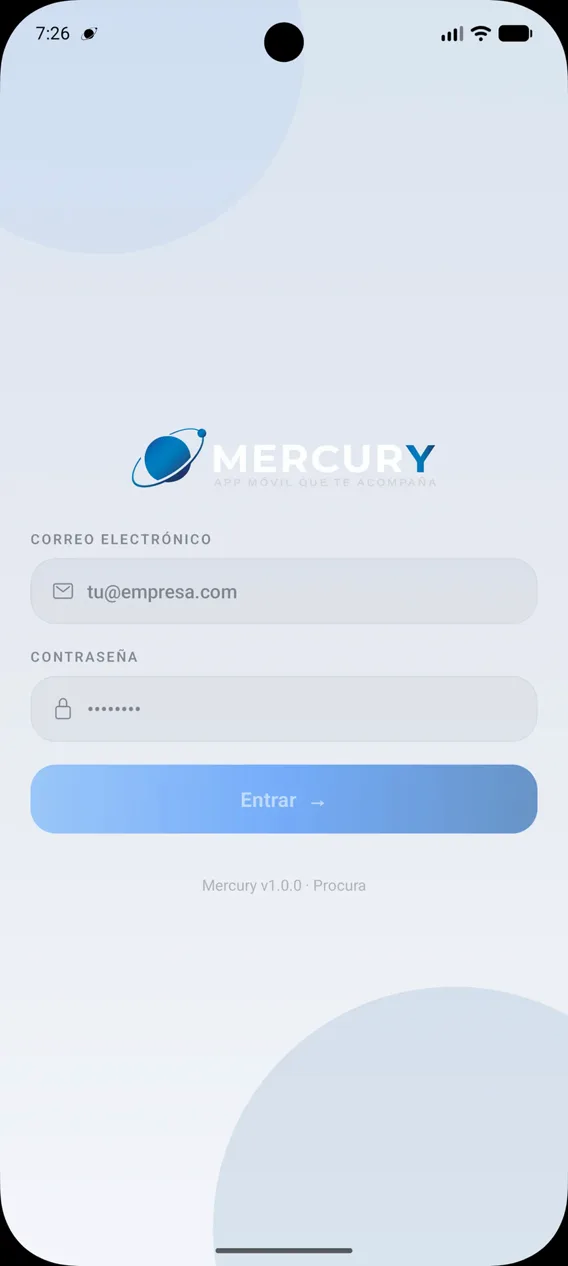 Pantalla de inicio de sesión de Mercury