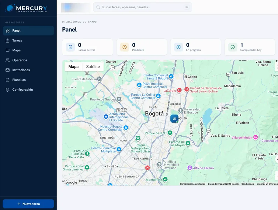 Panel web de Mercury con el mapa de operarios en Bogotá y las tareas del día